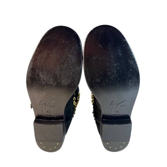 GIUSEPPE ZANOTTI BLACK SUEDE GOLD STUDDED BUCKLE BIKER Flat BOOTS SHOES SZ 40 - Picture 8 of 15